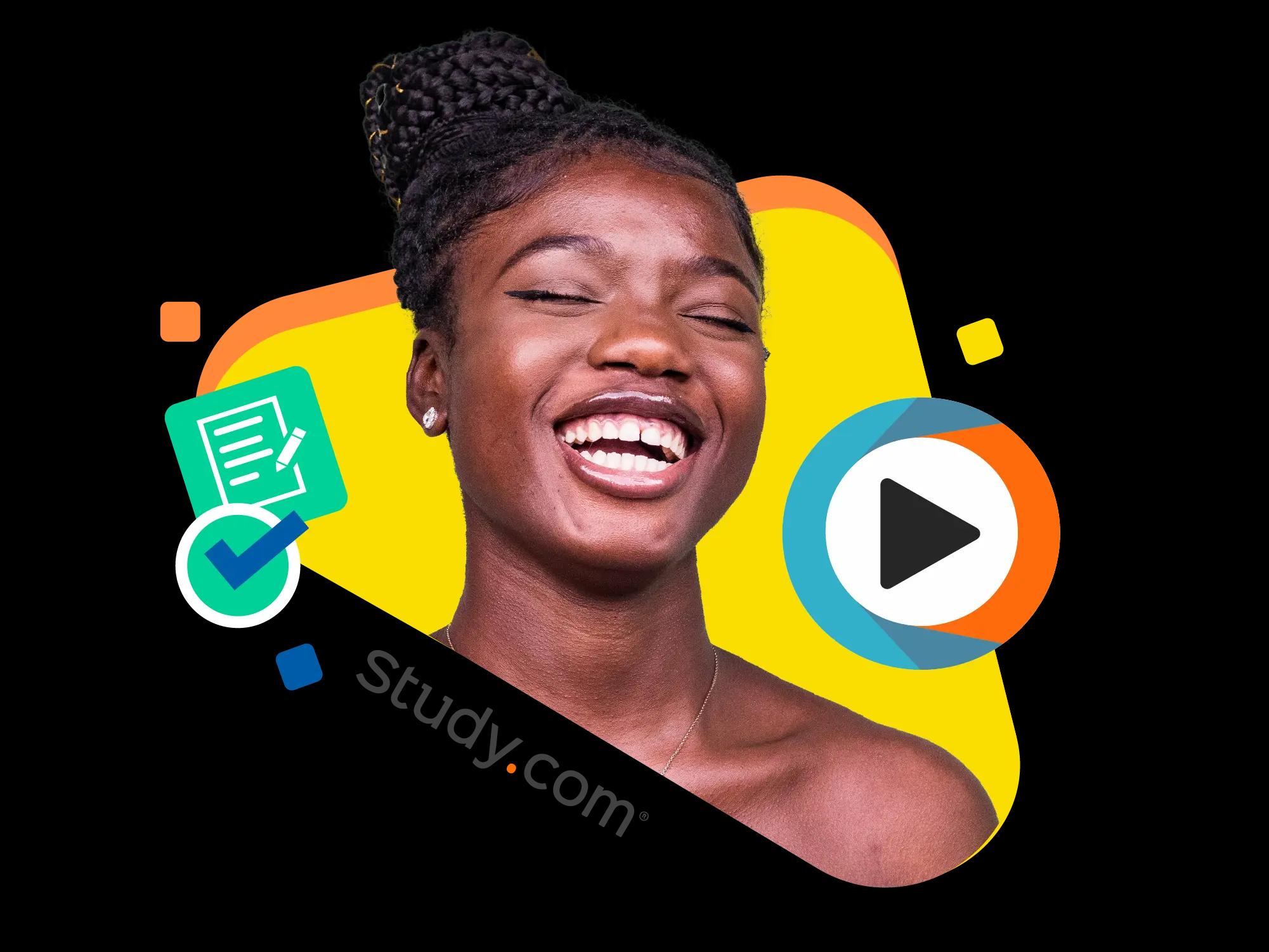 Photo of smiling woman surrounded by icons, including the Study.com logo