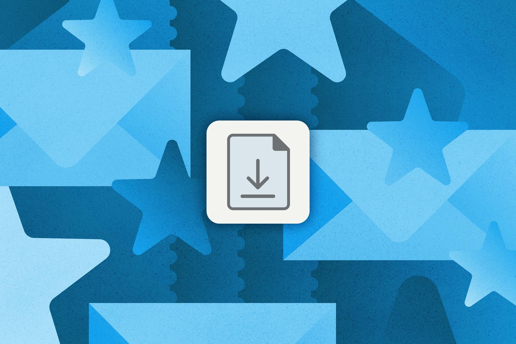 Illustrations of envelopes, stamps and stars, shaded in blue. A download icon hovers over the top.