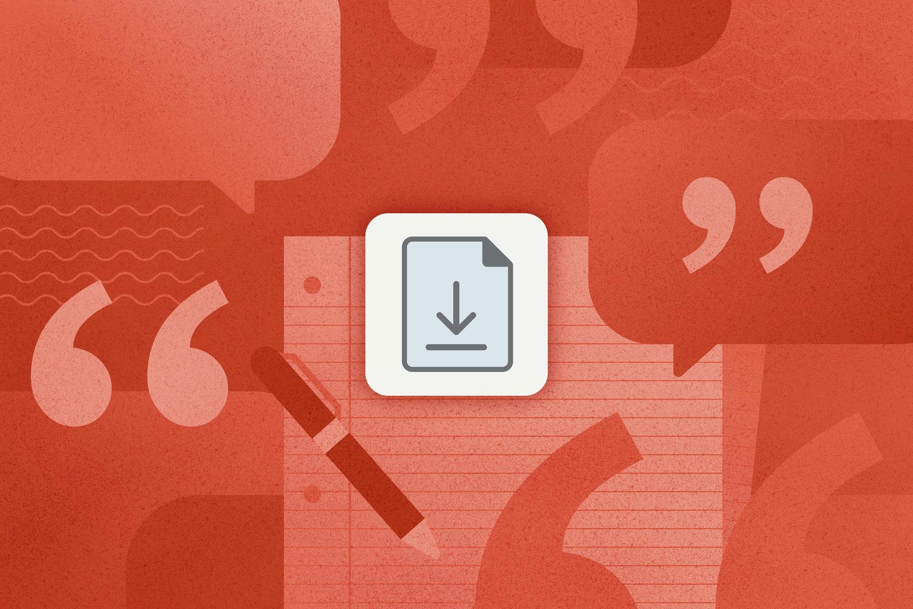 Illustrations of notebook paper, pens and quotation marks, shaded in red. A download icon hovers over the top.