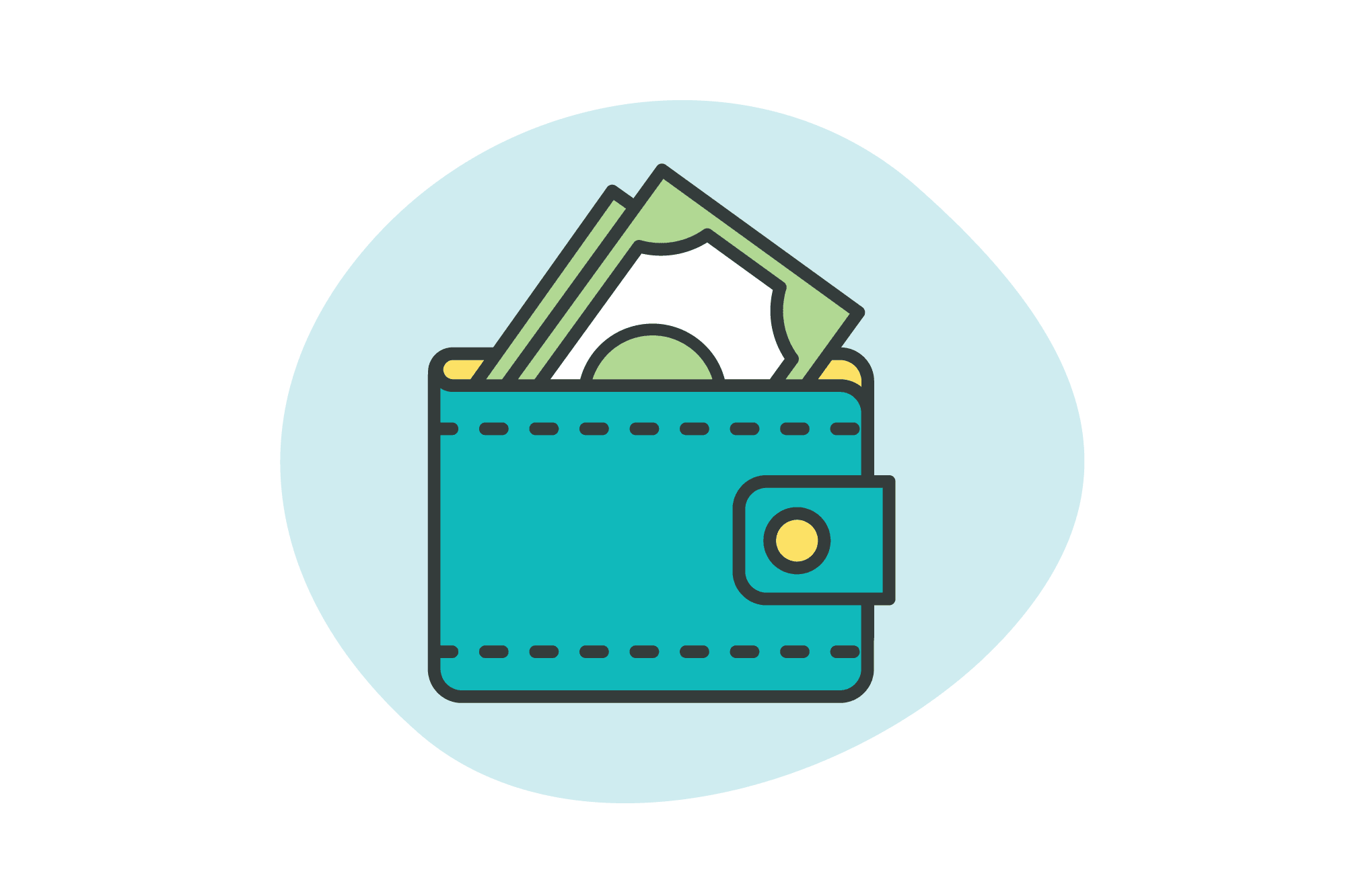 An illustration of a wallet with dollar bills poking out